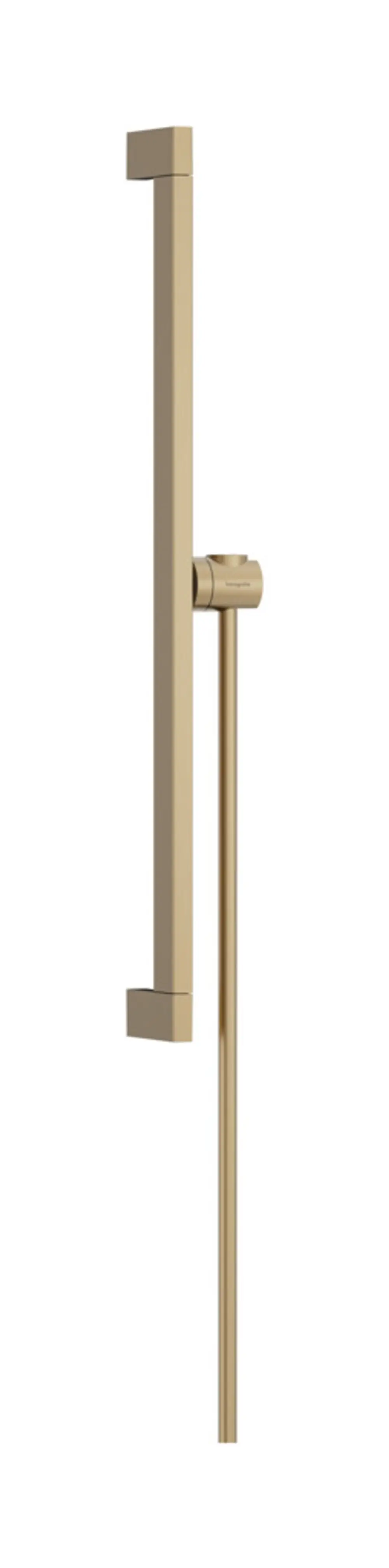 Helle Brausestange aus Metall mit flachem, rechteckigem Design und einem stabilen Halter. Erkennbar ist die Marke Hansgrohe, die für Qualität im Sanitärbereich steht.